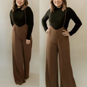 Lucca Couture Brown Sleeveless Wide Bell Bottom Leg Overall Jumpsuit